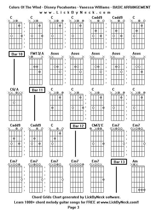 Chord Grids Chart of chord melody fingerstyle guitar song-Colors Of The Wind - Disney Pocahontas - Vanessa Williams - BASIC ARRANGEMENT,generated by LickByNeck software.